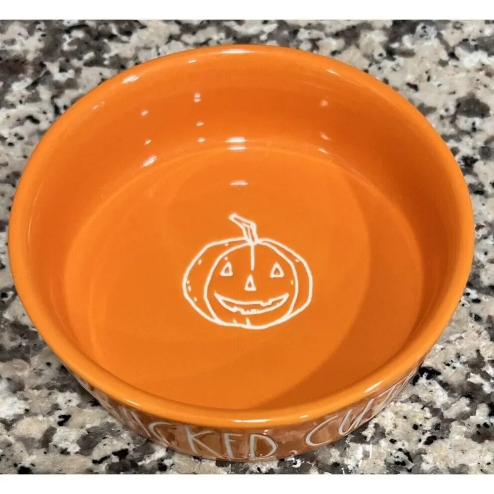 NEW Rae Dunn Halloween Small Cat Dog Pet Bowl Dish‎ Orange WICKED CUTE pumpkin